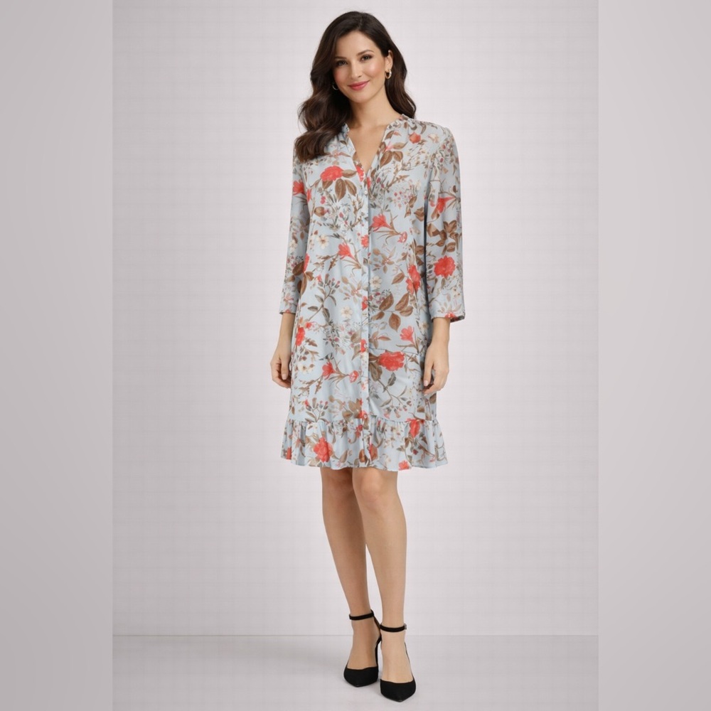 Ellen Tracy flounce Hem Shirt Botanical Blue Dress Large 10 12 14 NWT $129